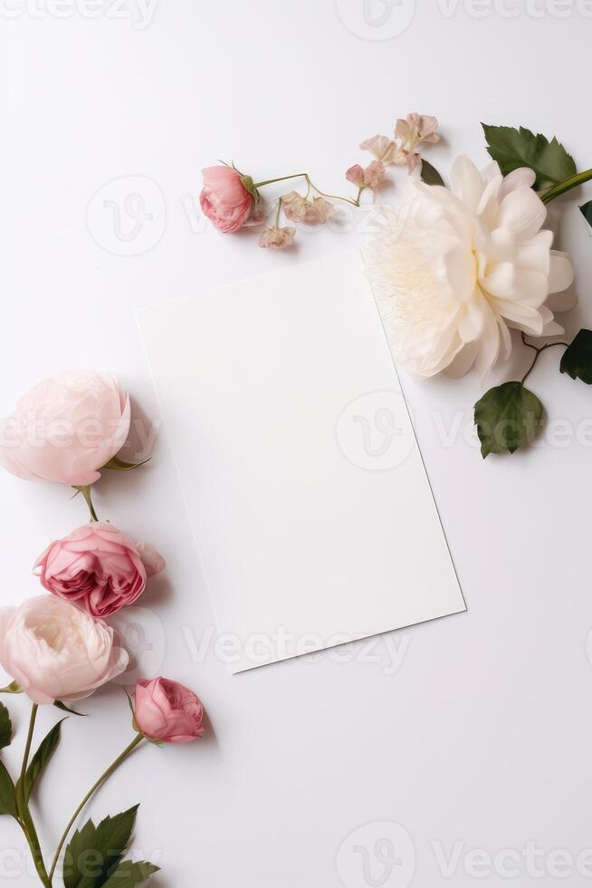 Top View of Blank White Paper Card Mockup and Beautiful Peony Floral Decorations. . photo