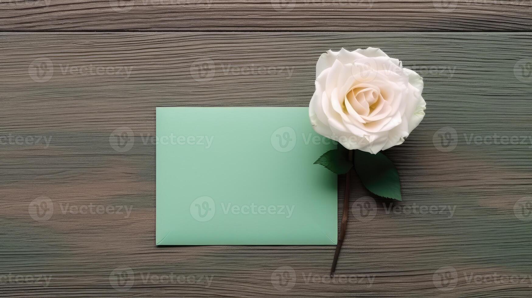 Top View of Sea Green Blank Paper Card with Beautiful Rose Flower Mockup on Wooden Table, . photo