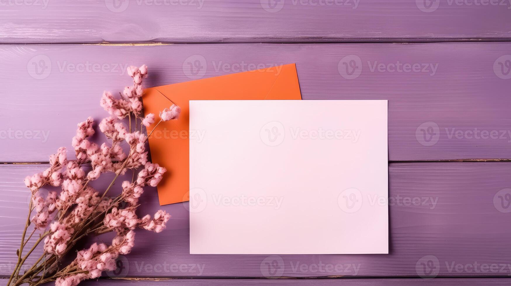 Top View of Greeting Card, Envelope Mockup with Copy Space and Baby's Breath Flower Branch on Purple Wooden Table. . photo