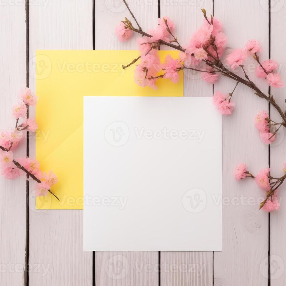 Greeting Card, Envelope Mockup and Beautiful Blossom Branch on White Wooden Table Top. . photo