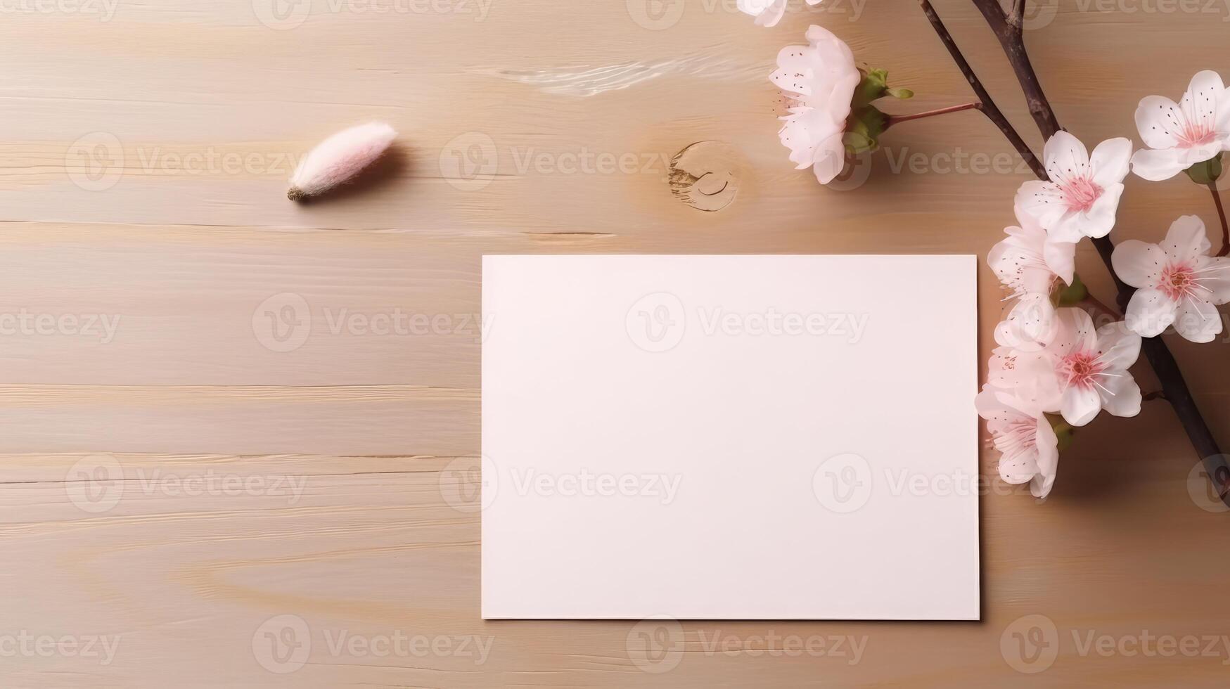 Top View of Blank Paper Card Mockup and Cherry Blossom Branch on Wooden Table. . photo