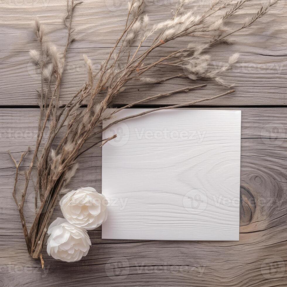 blanco blanco realce papel tarjeta Bosquejo y floral rama plano laico en de madera mesa arriba, generativo ai. foto