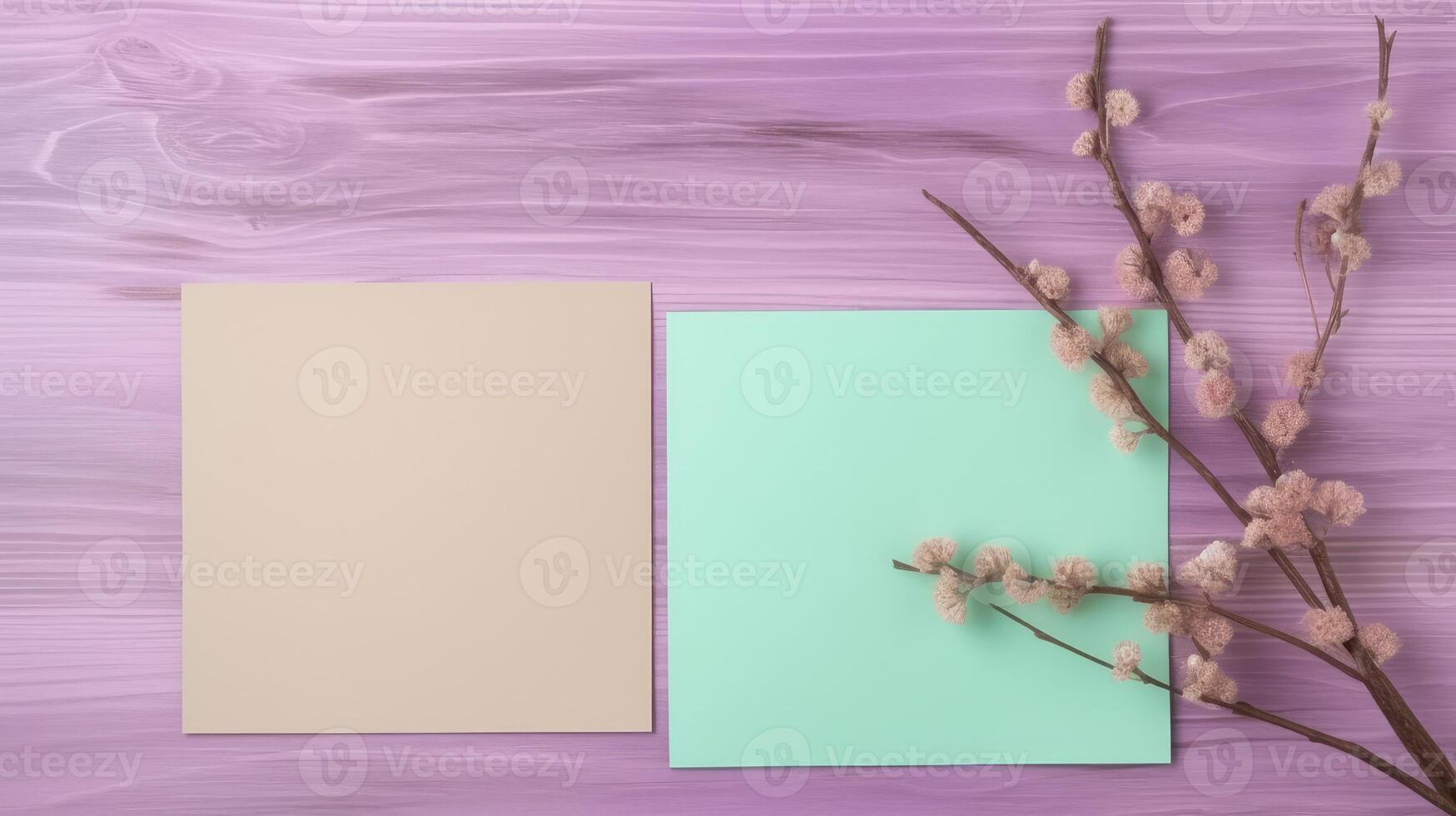 Top View of Two Color Blank Paper Sticky or Cards Mockup and Dried Floral Branch on Wooden Table. . photo