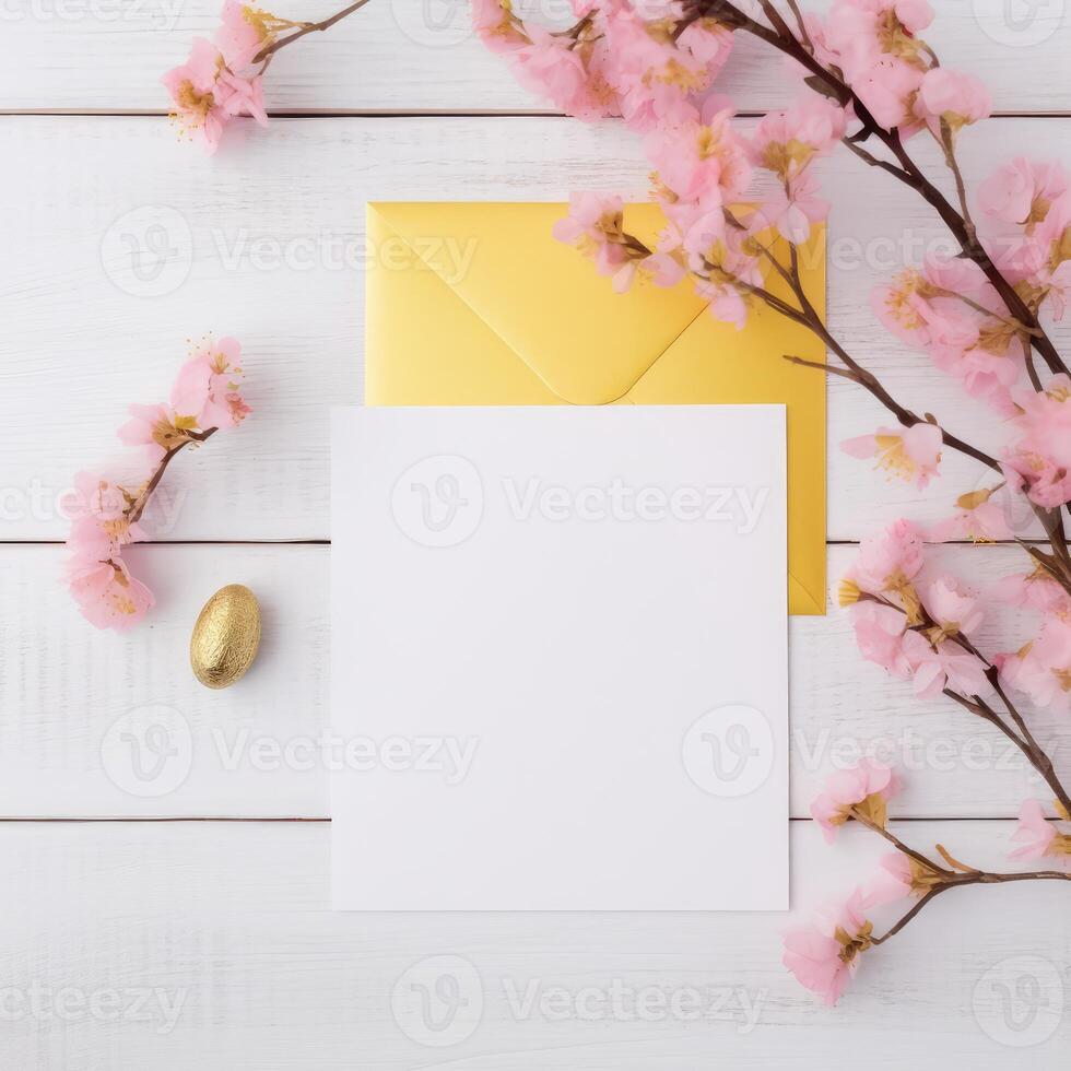 Top View of Greeting Card, Envelope Mockup, Golden Egg and Cherry Blossom Branch on Wooden Table, . photo