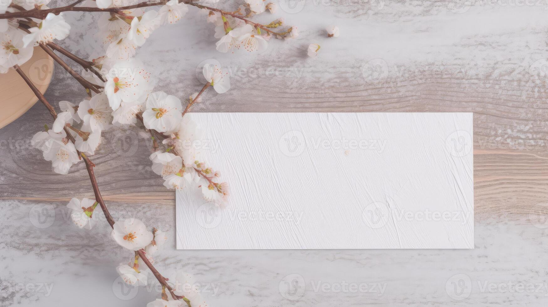 Blank White Paper Card Mockup and Tiny Flowers or Gypsophila Branch on Wooden Table Top, . photo