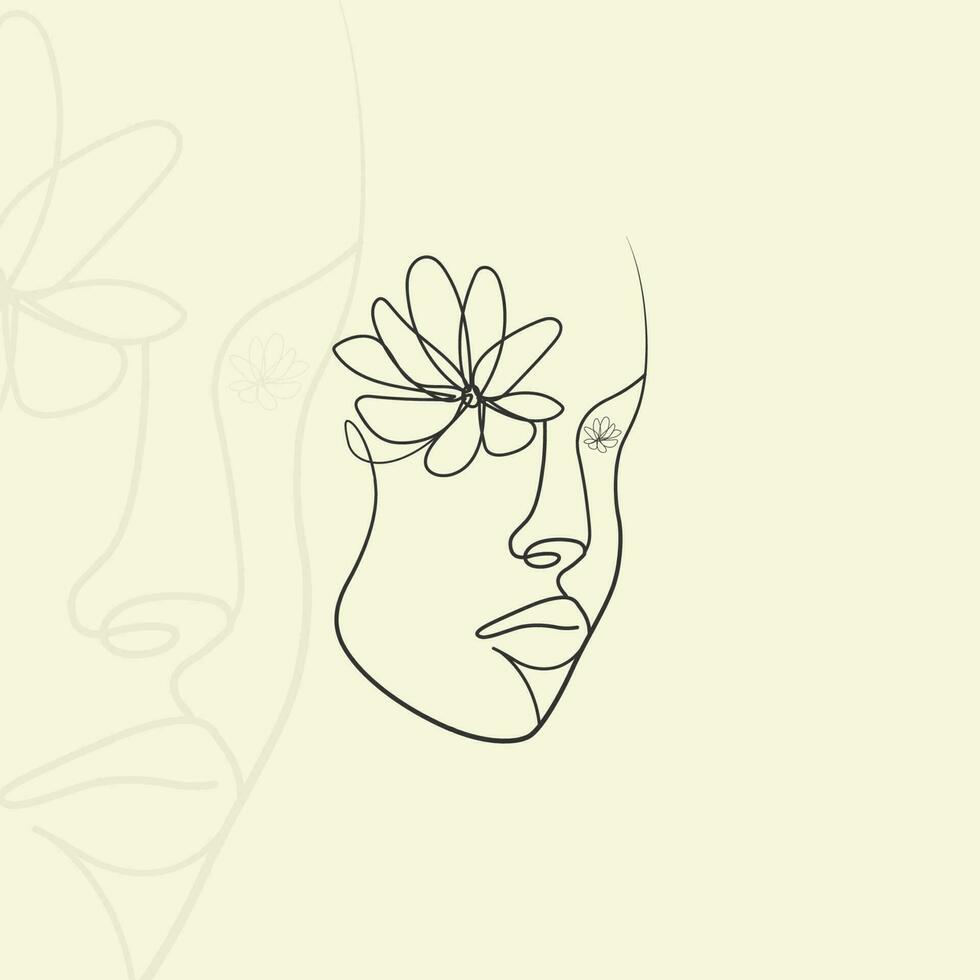 One Line Art Girl Face with floral art thin art vector