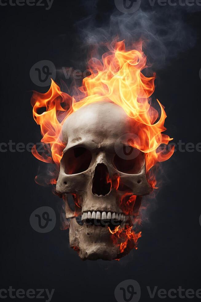 Burning human skull on a dark background - photo