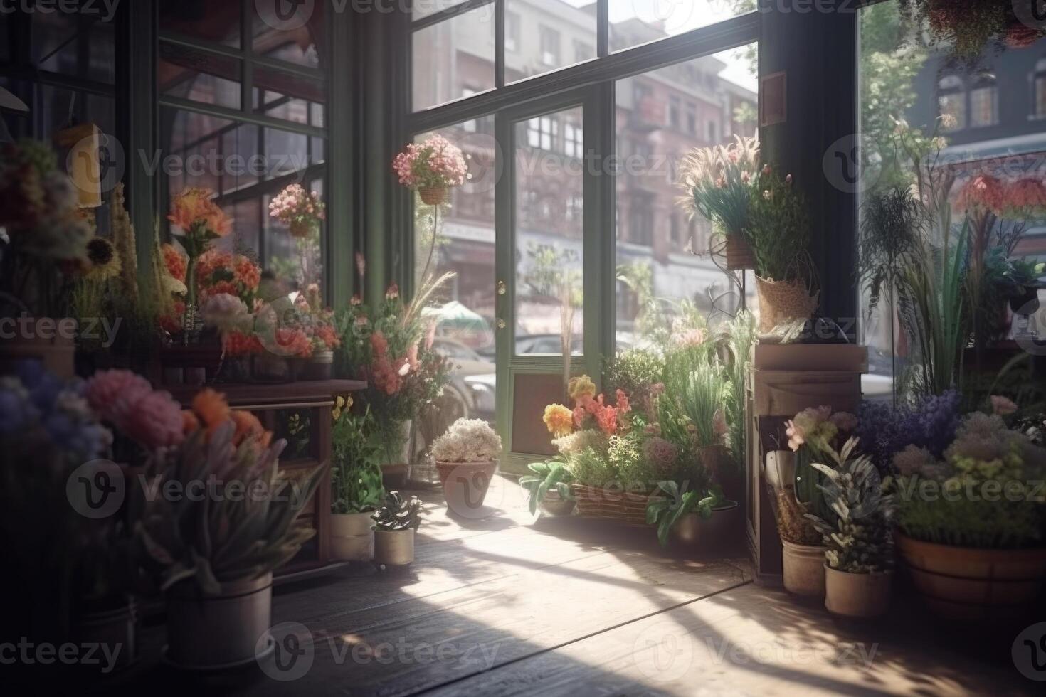 Sunlight Rays Inside Flower Shop Interior, Floral Design Studio, . photo