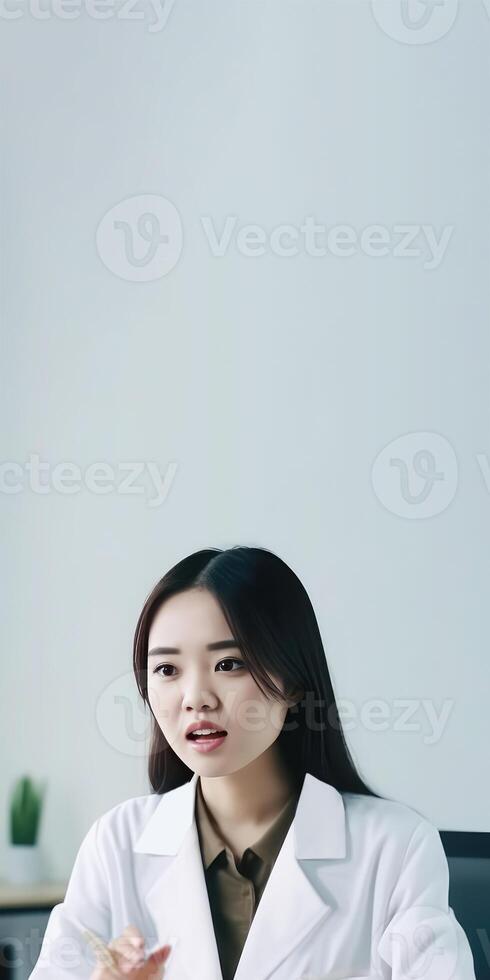 Closeup Portrait of Asian Female Doctor at Workplace in Hospital, Vertical Banner Design. . photo