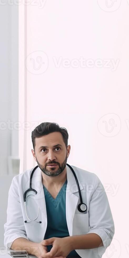 Cropped Image of Mid Aged Professional Male Doctor on White Background, . photo