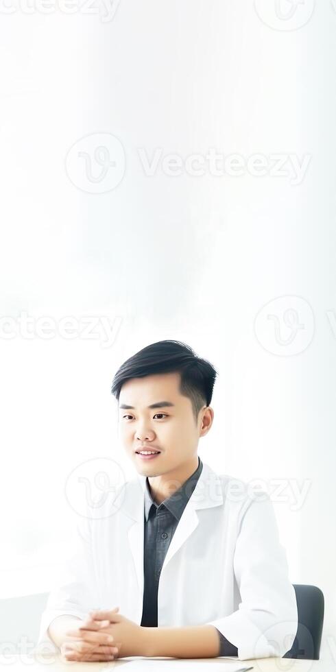 Cropped Image of Asian Male Doctor Sitting at Workplace in Hospital, Vertical Banner Design. . photo