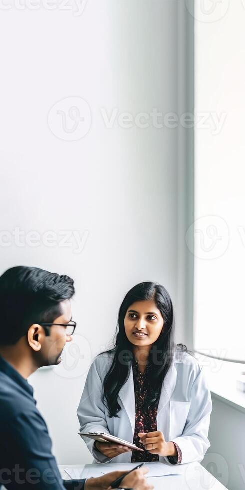 Closeup Portrait of Female Doctor and Male Coworker or Patient Sitting at Workplace in Hospital or Clinic. Vertical Banner Design, . photo