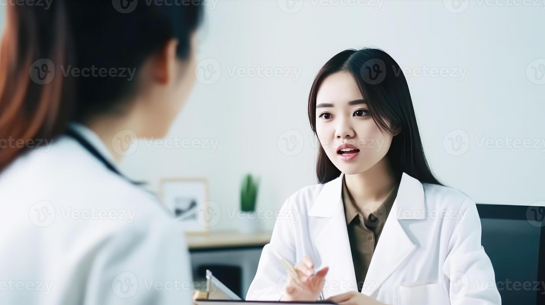 Cropped Image of Asian Female Medical Professionals Talking Each Other at Workplace in Hospital, . photo