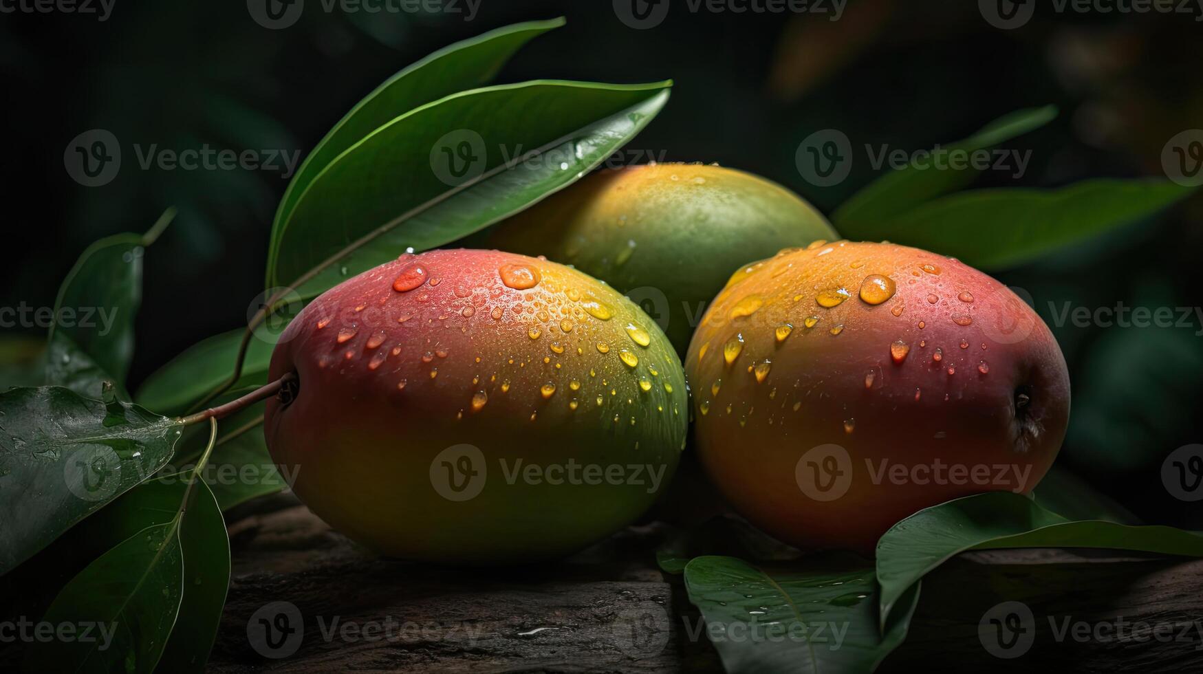 Beautiful Organic Background of Fresh Marian Plum, Mango or Plango with Green Leaves and Water Droplets. Created By Technology. photo