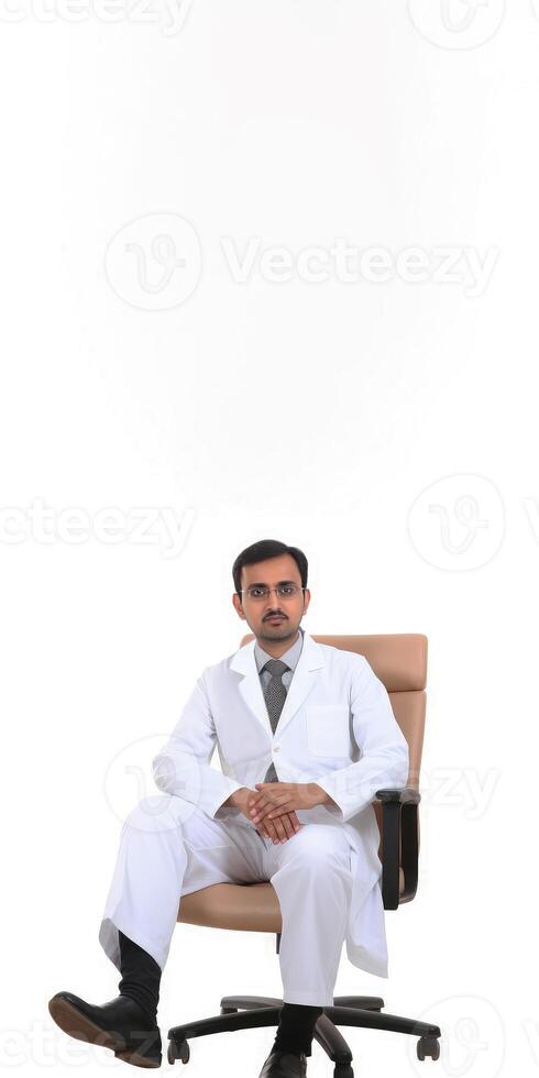retrato de profesional masculino médico o farmacéutico sentado en oficina silla, generativo ai. foto