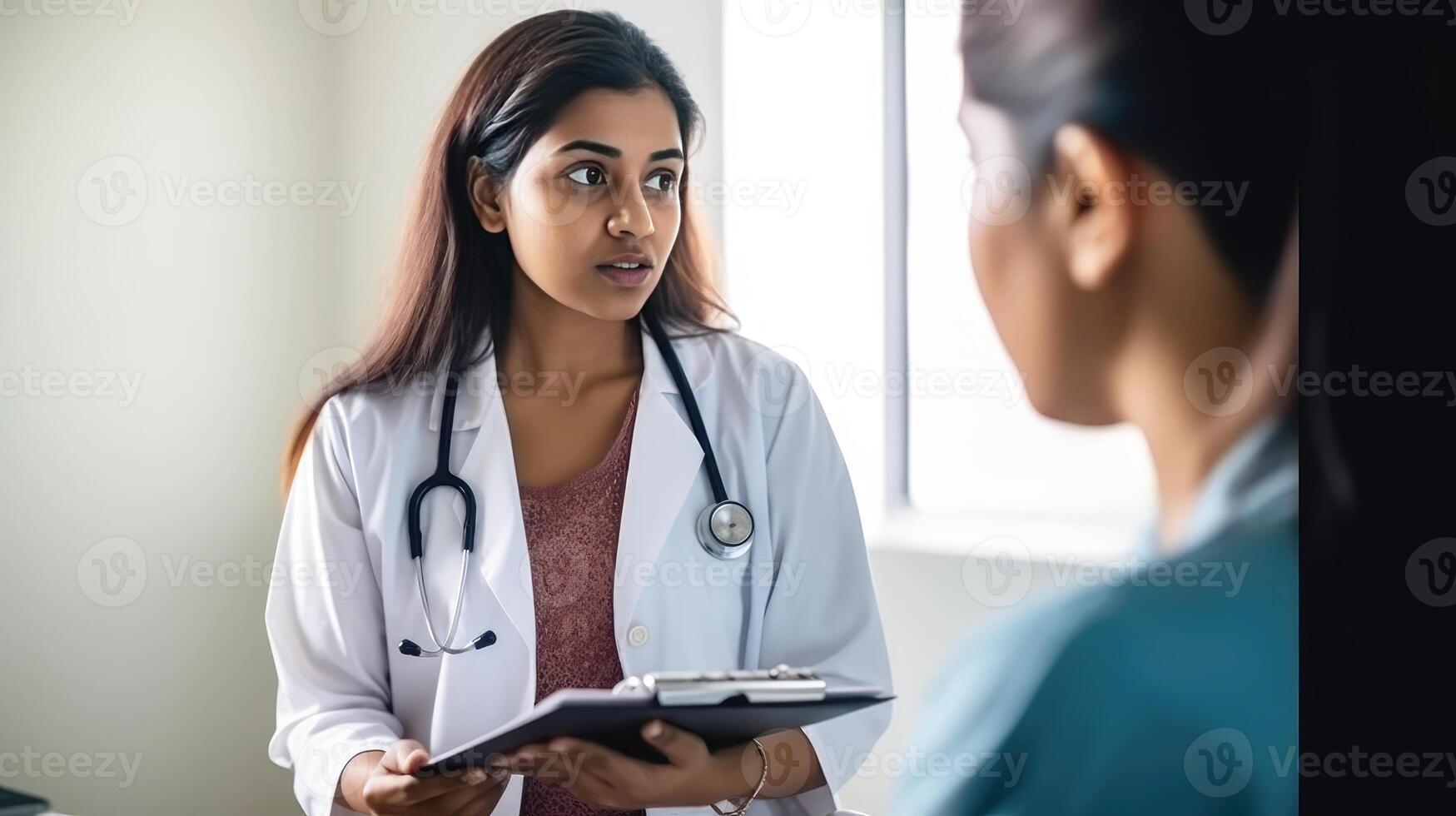 Cropped Image of Female Doctor Holding Clipboard and Nurse or Patient in Hospital or Clinic. . photo