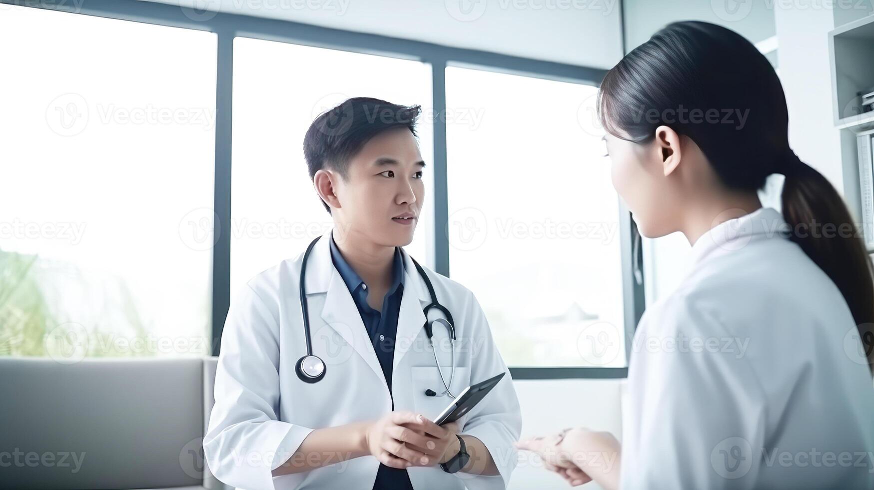 Closeup Portrait of Asian Male and Female Doctor Talking Each Other in Hospital, . photo