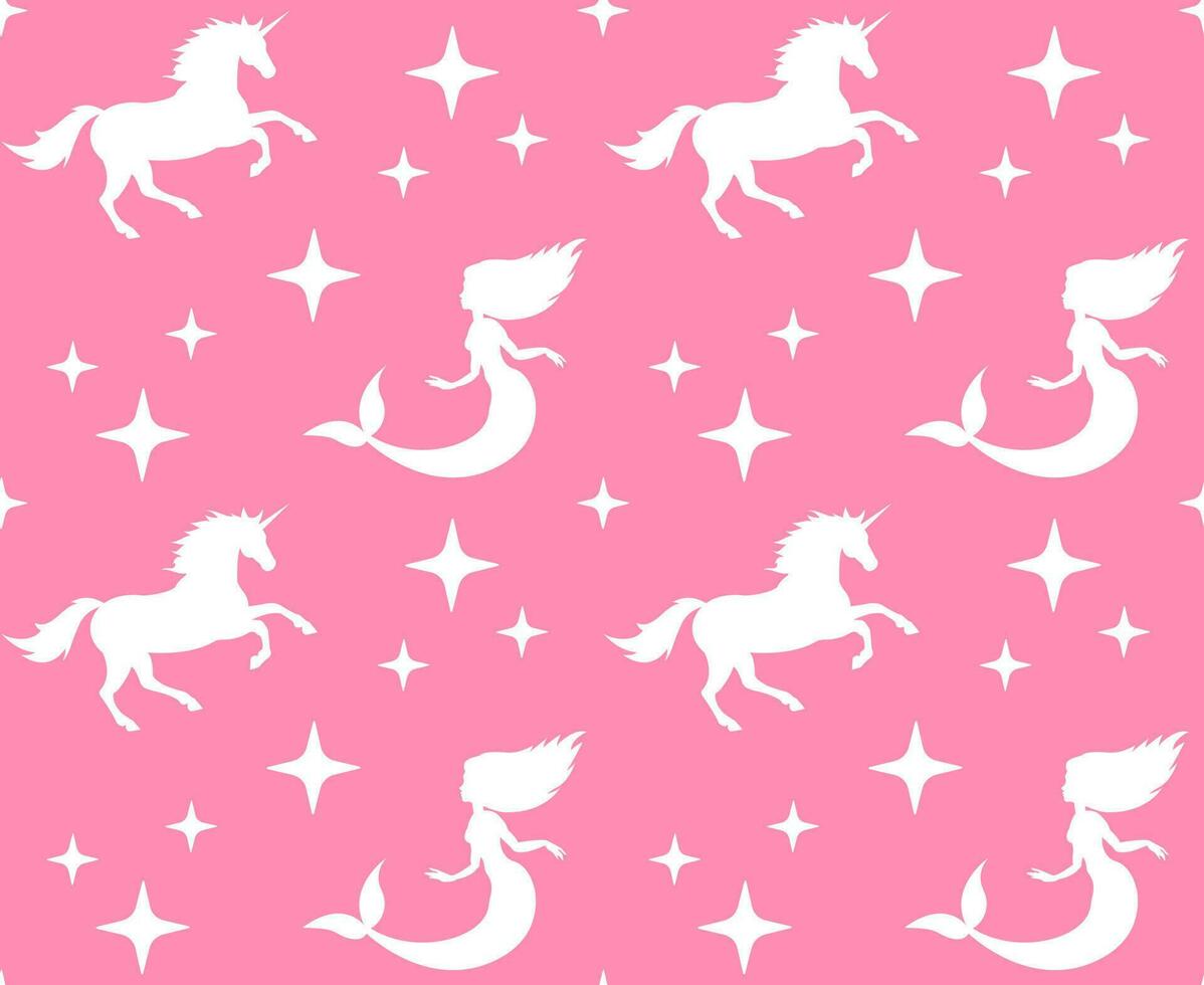 Seamless pattern of unicorn and mermaid on pink vector