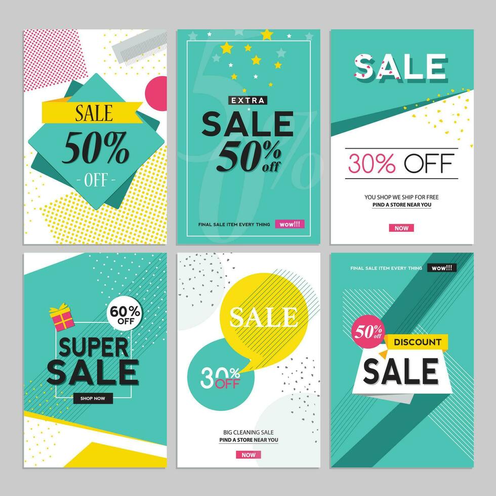 Modern pink, green and yellow sales brochure set. Advertise sales and discounts on various merchandise. Vector