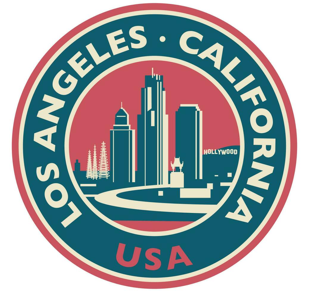 Badge, label or stamp with Los Angeles skyline, vector illustration