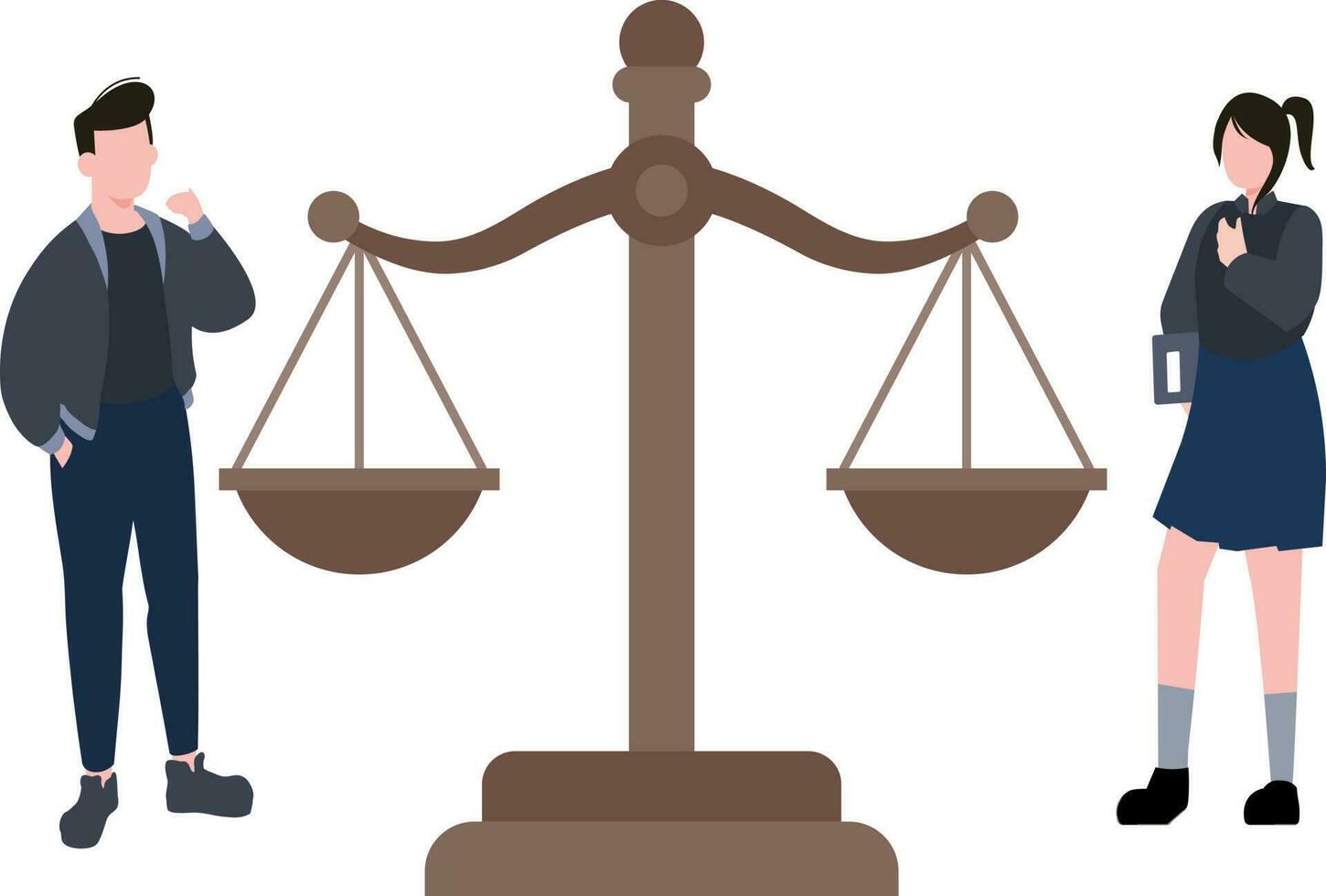 Boy and girl stand near the scale of justice. vector