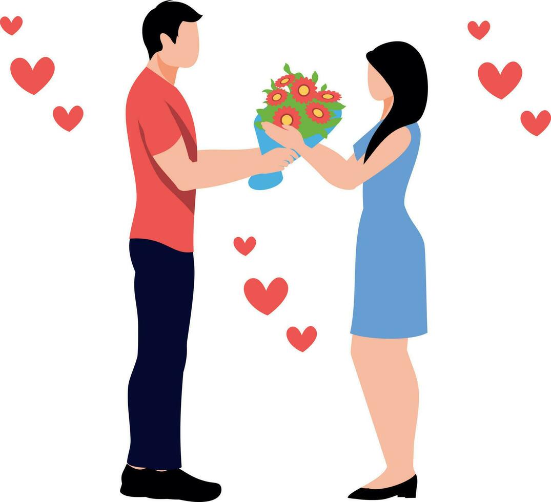 A boy is giving a bouquet of flowers to a girl. vector