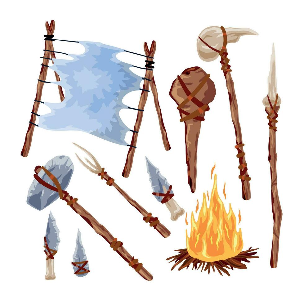 Prehistoric weapons. Set of caveman tools. Primitive spear and stone axe. Bonefire and Leather. Equipment for hunting. Archaeological and barbaric weapon. vector