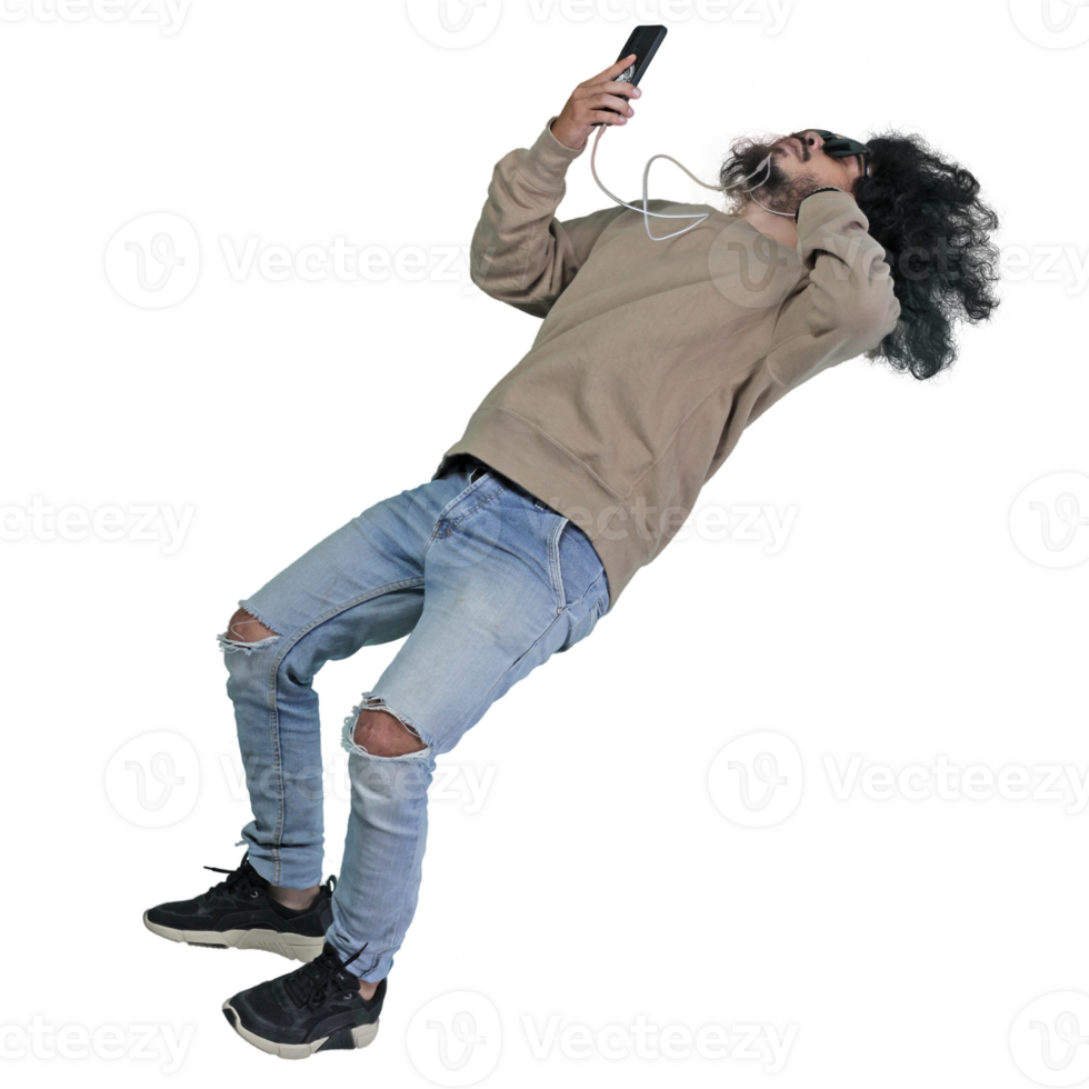 man poses jumping curly hair without background png