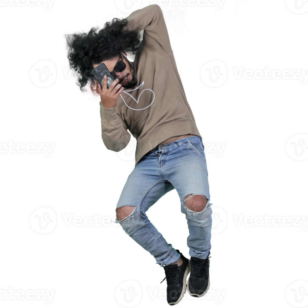 man poses jumping curly hair without background png