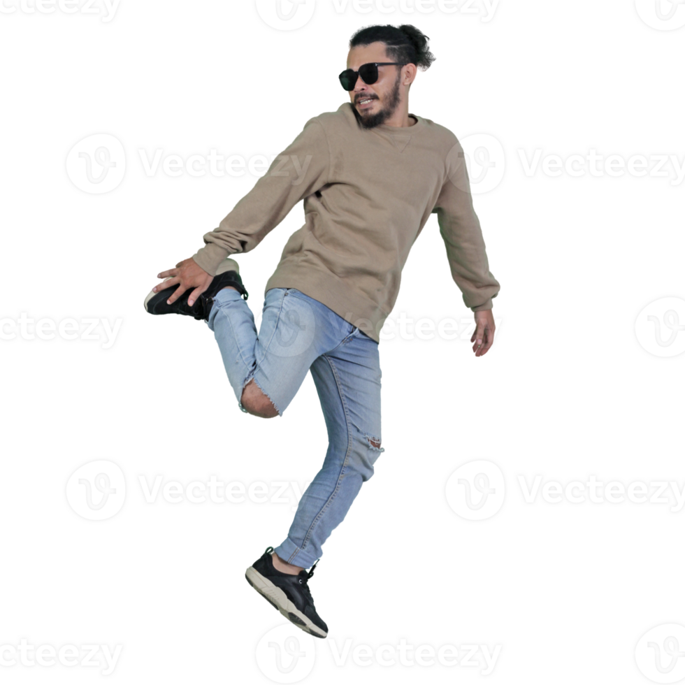 man poses jumping curly hair without background png