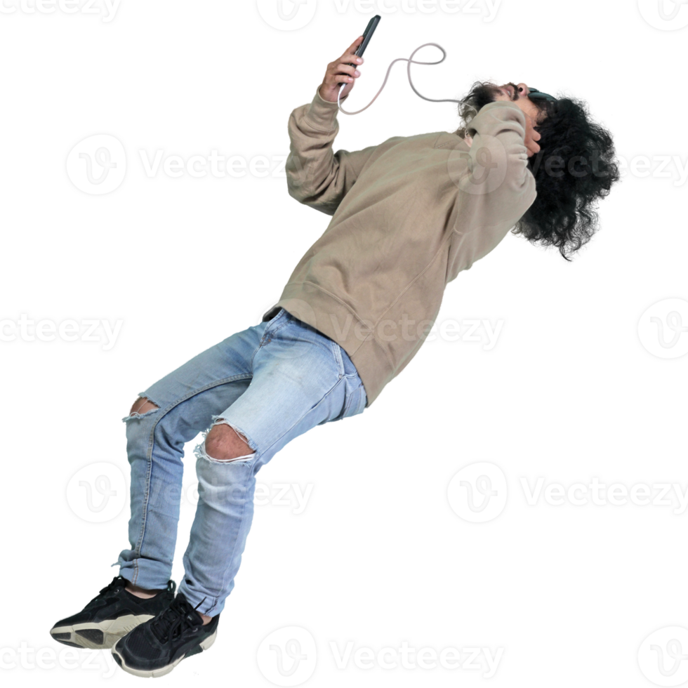 man poses jumping curly hair without background png