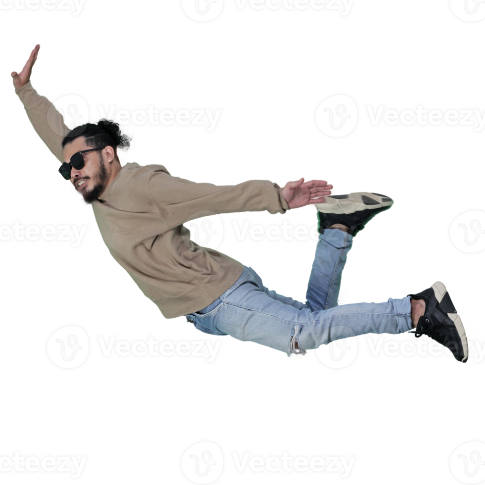 man poses jumping curly hair without background png