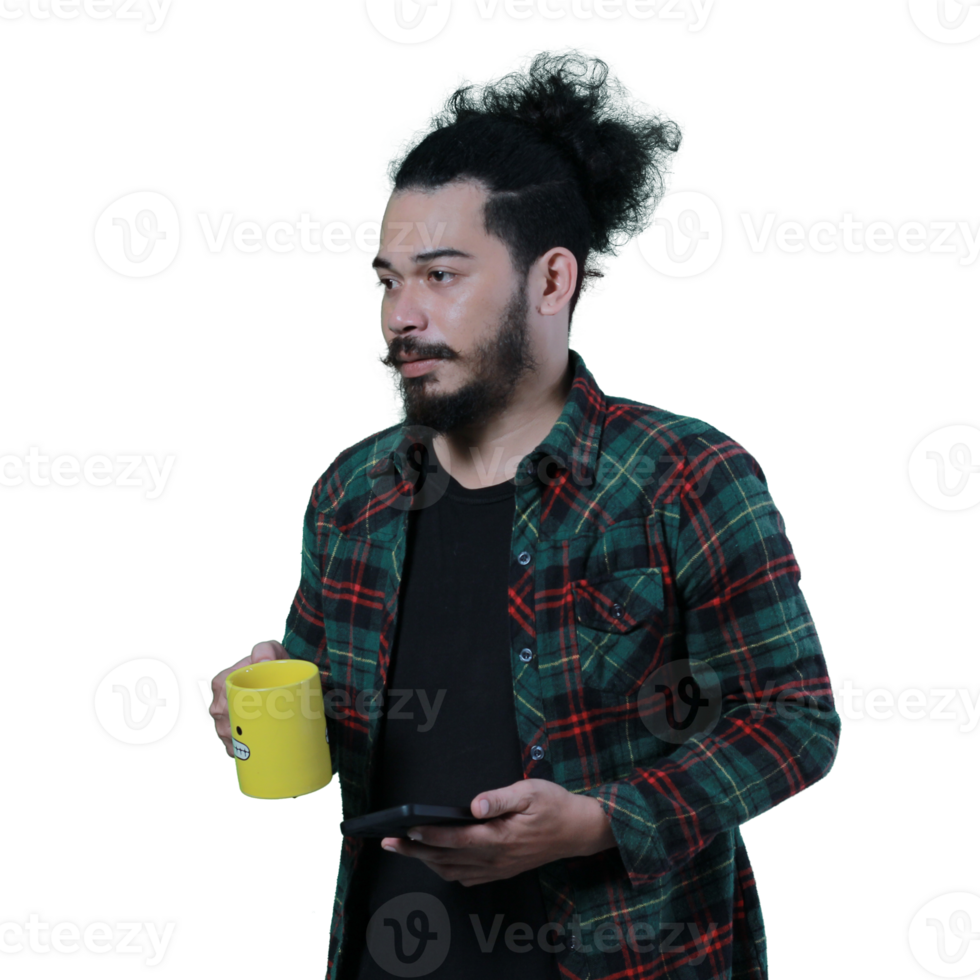 expression of curly haired man holding a coffee cup png
