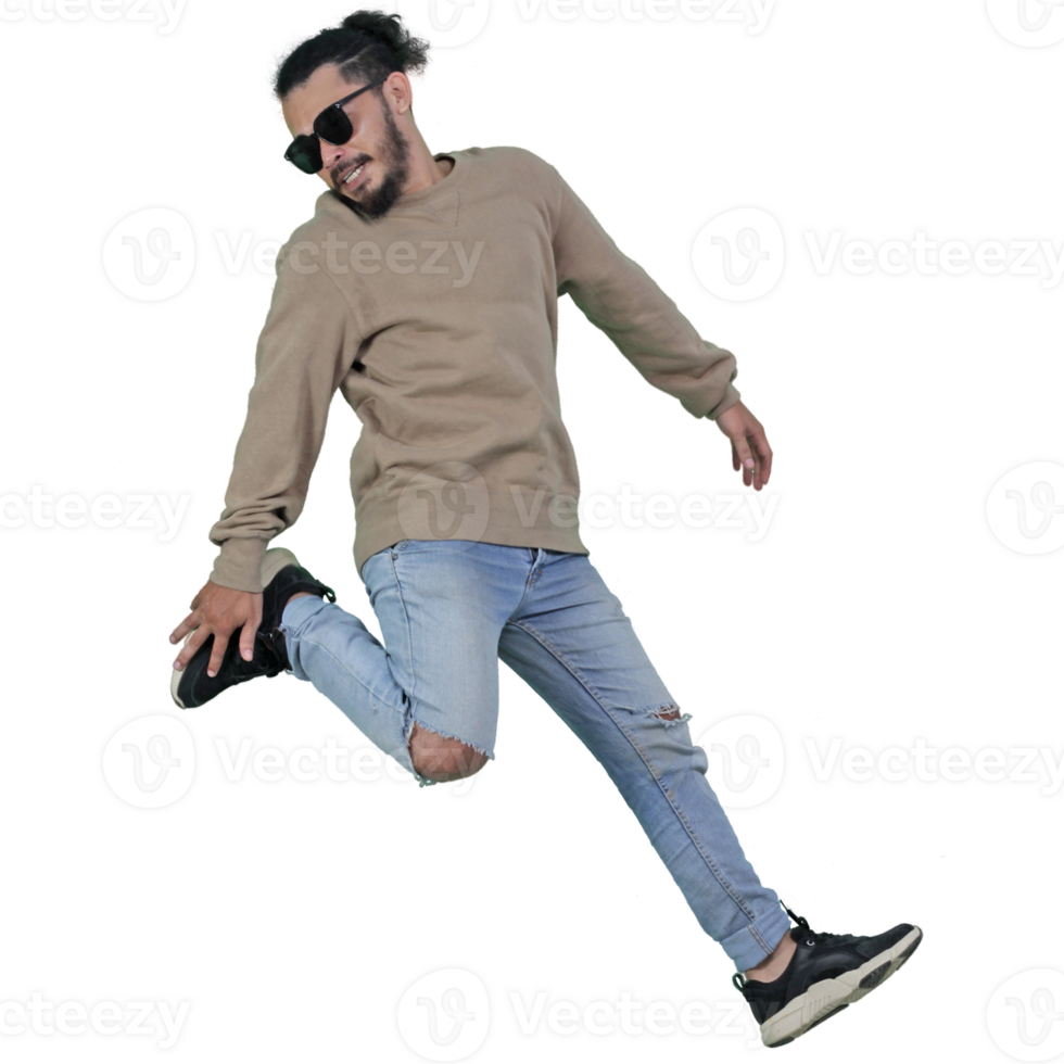 man poses jumping curly hair without background png