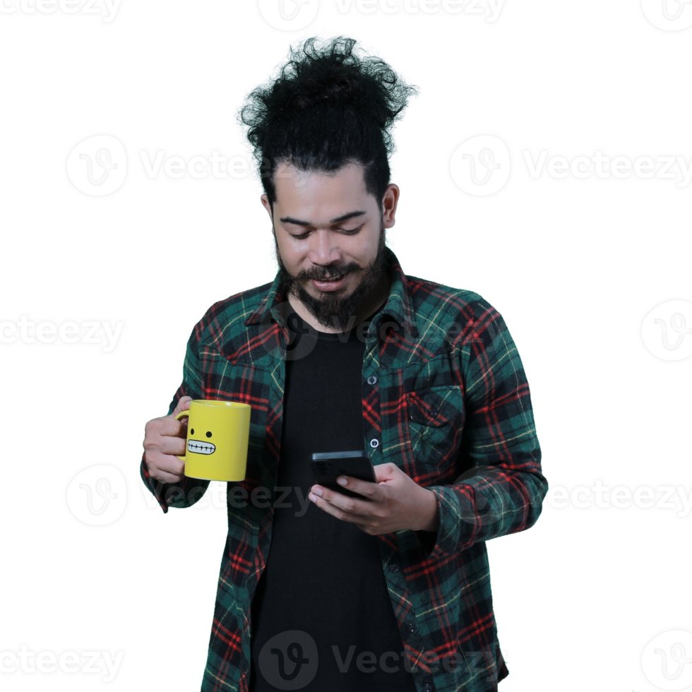 expression of curly haired man holding a coffee cup png