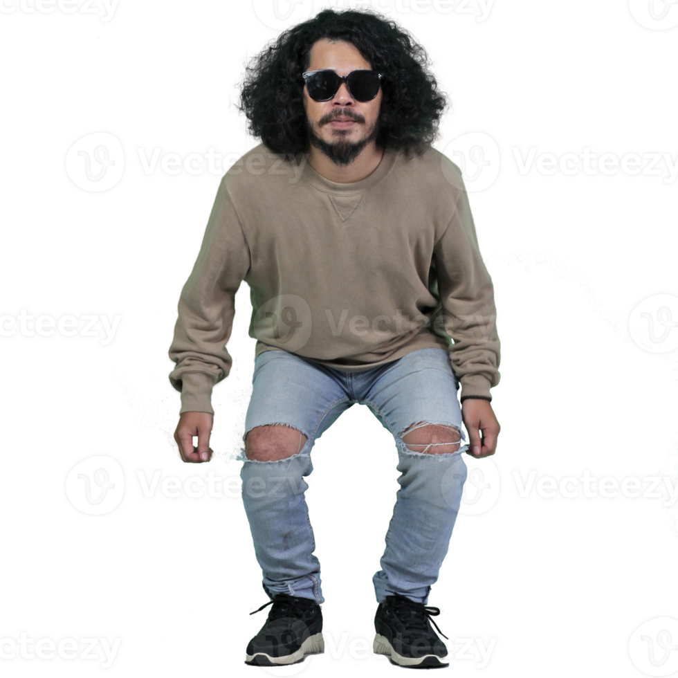 man poses jumping curly hair without background png