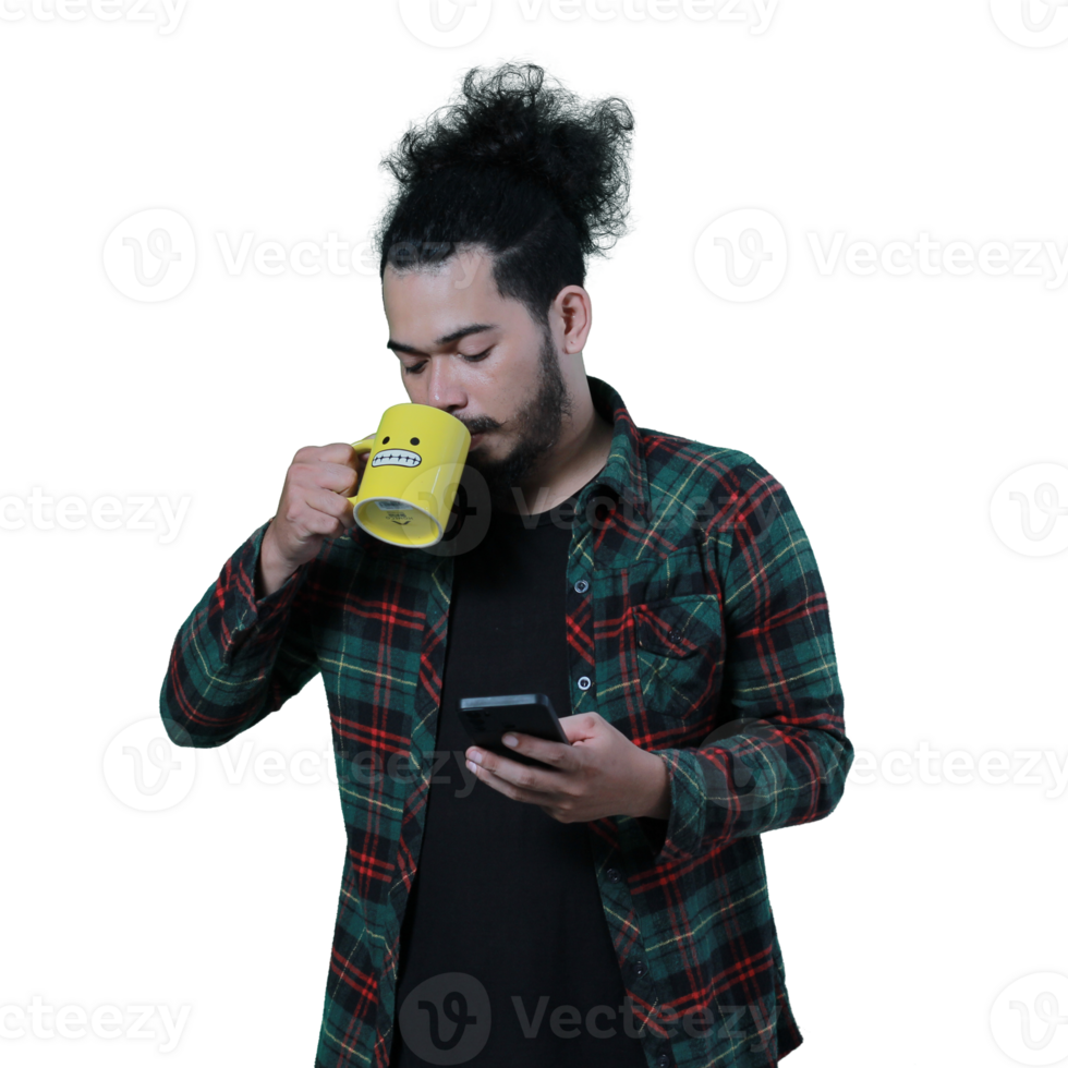 expression of curly haired man holding a coffee cup png