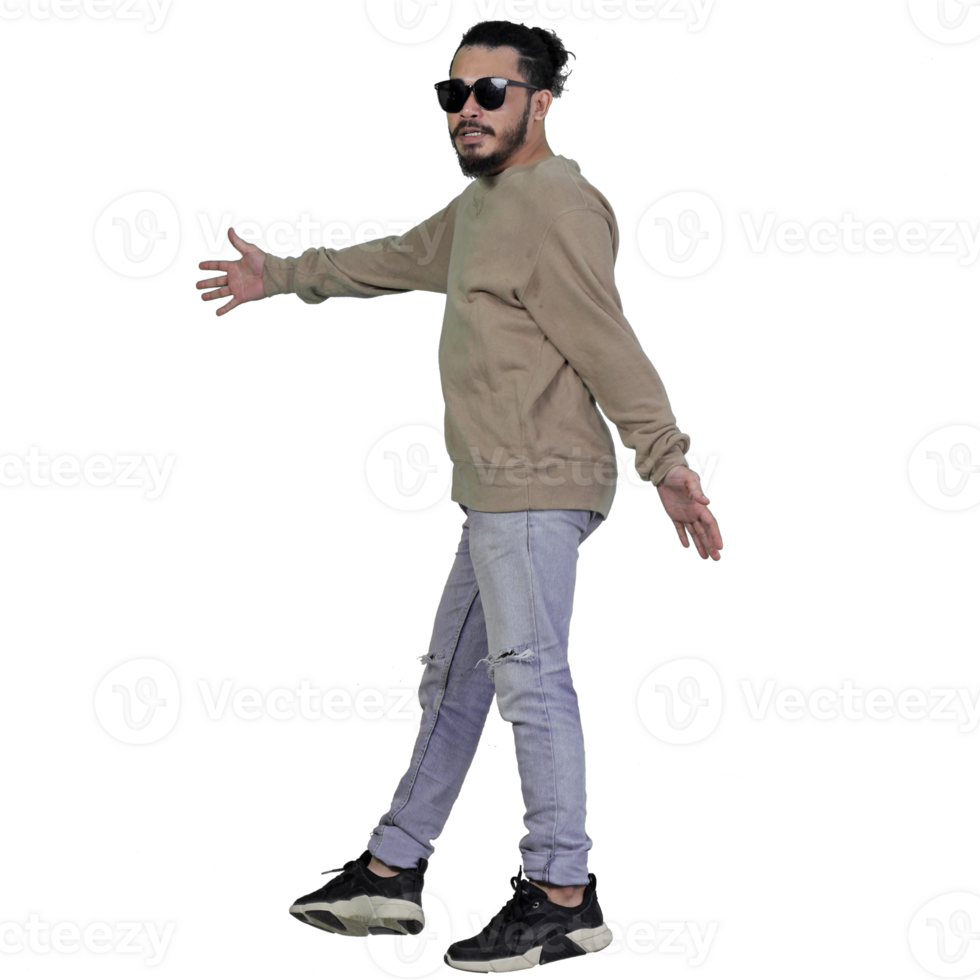 man poses jumping curly hair without background png