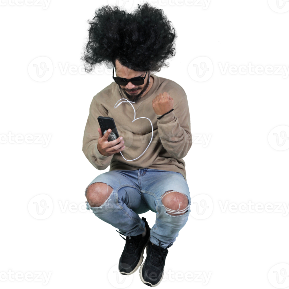 man poses jumping curly hair without background png