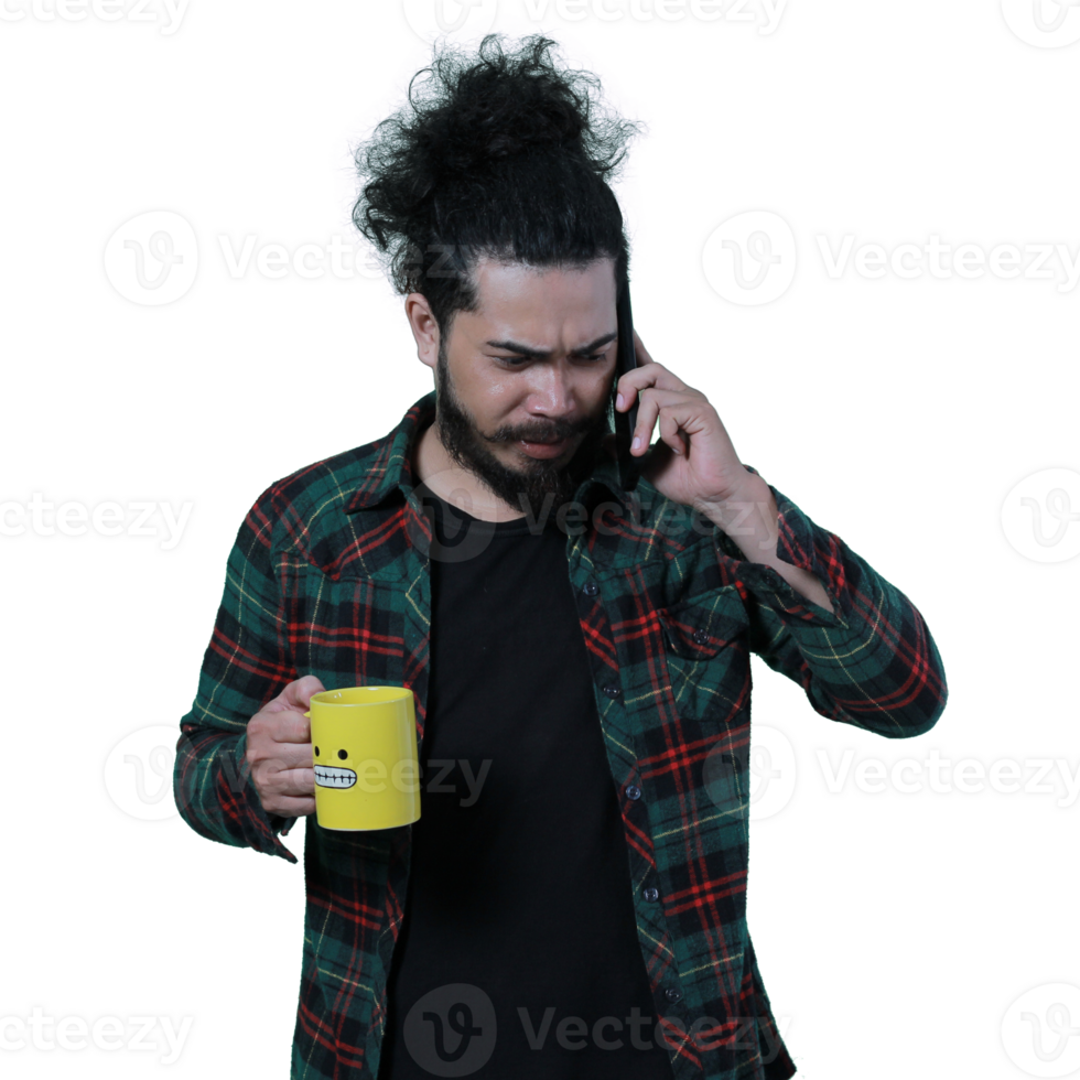 expression of curly haired man holding a coffee cup png