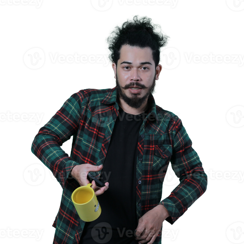 expression of curly haired man holding a coffee cup png