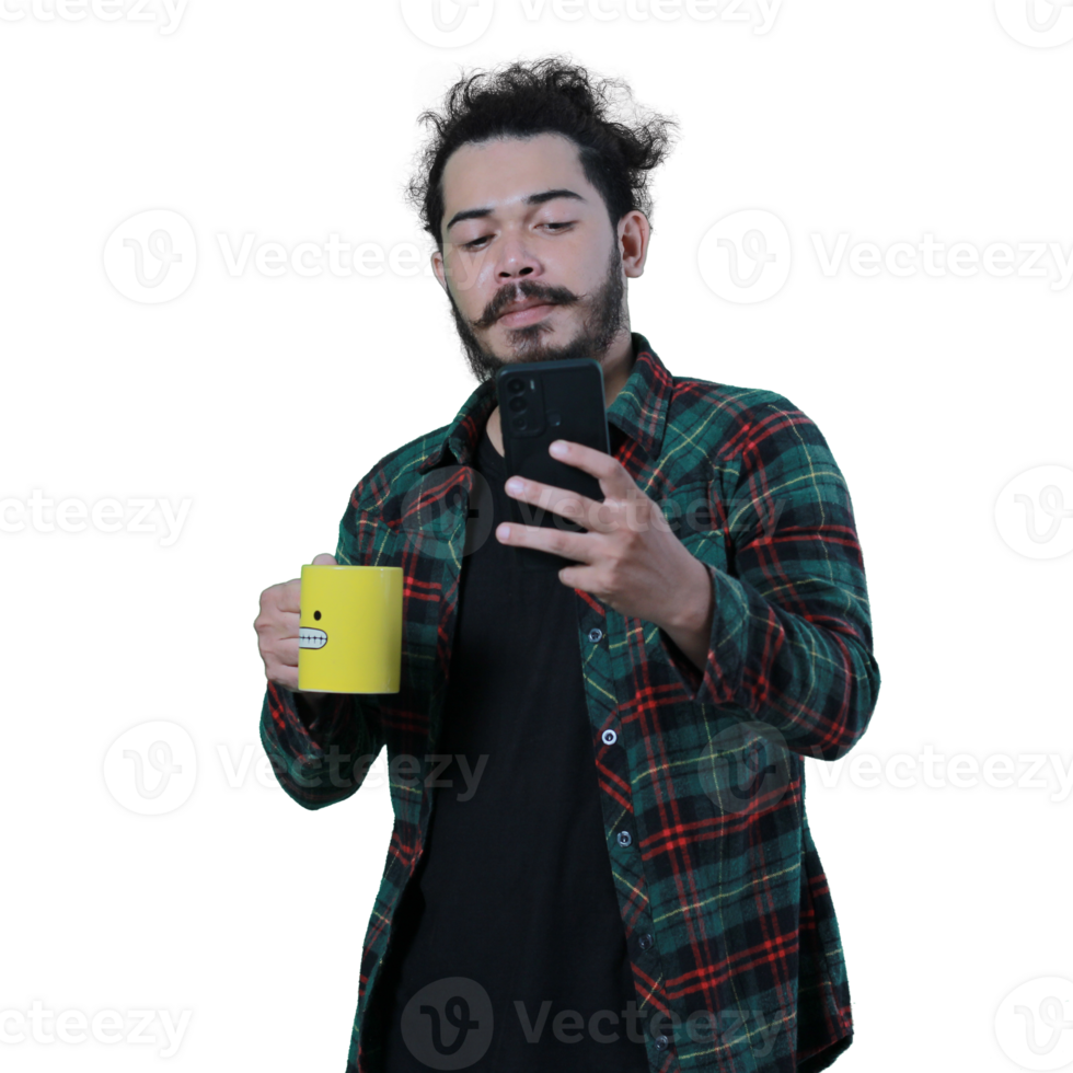 expression of curly haired man holding a coffee cup png