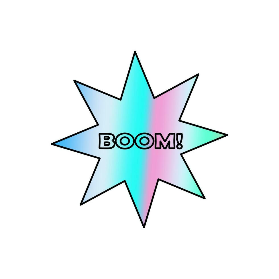 Holographic sticker in the form of an eight pointed star with the inscription Boom. 90s style gradient foil vector sticker isolated on white background.