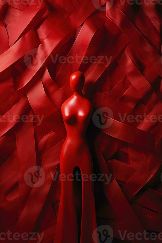 A Faceless Girl Wearing Red Split Gown and Standing against Strip or Ribbons Background. Concept for Advertising Fabric or Stylish Fashion Wear. photo