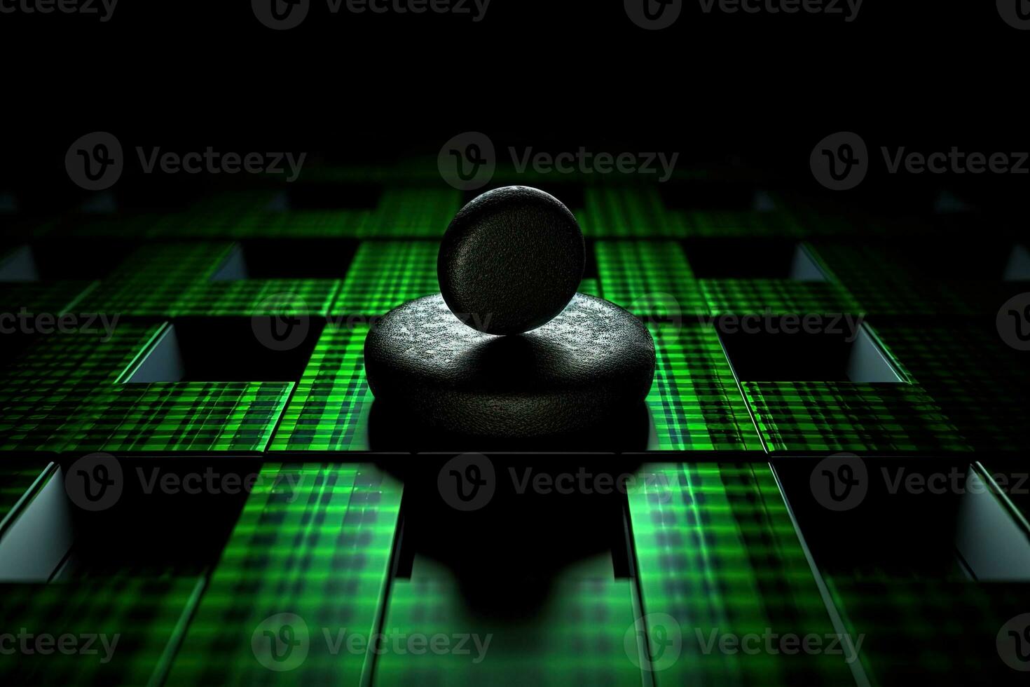 Dark Green and Black Checkered Abstract Background with Glowing Pebble Stone 3d Render illustration. Generative AI. photo