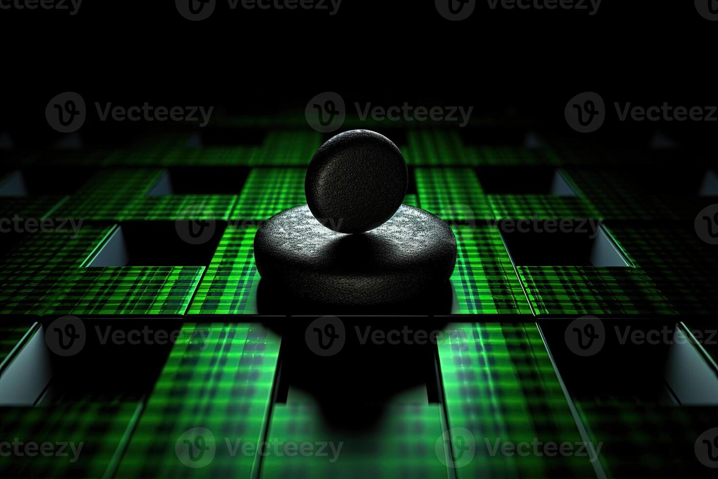 Dark Green and Black Checkered Abstract Background with Glowing Pebble Stone 3d Render illustration. . photo