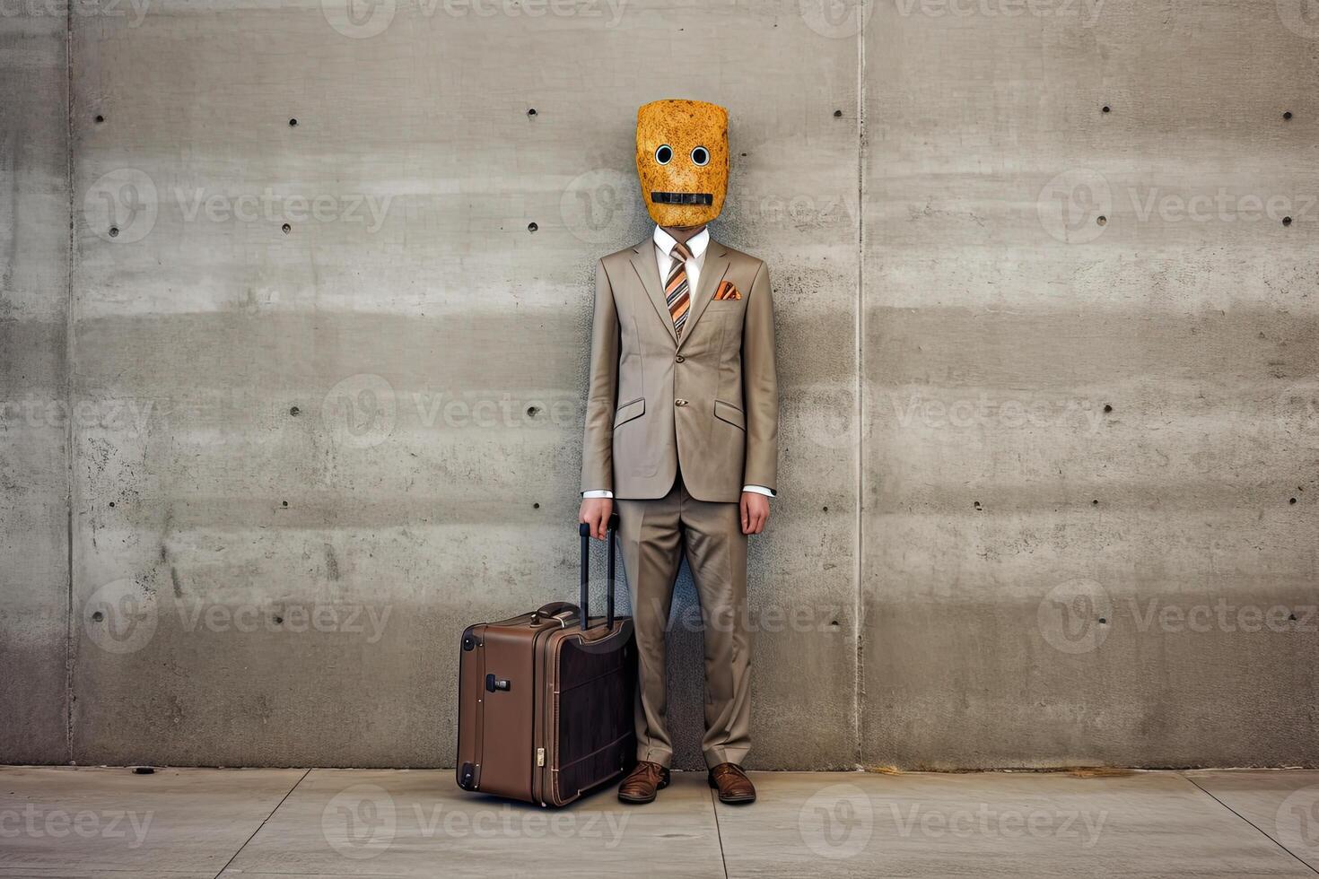 Portrait of Businessman Covering His Face from Sad Mask in Standing Pose Beside Suitcase on Outdoor Area. . photo