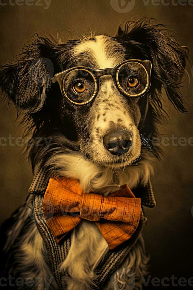 Portrait of Adorable Dog Wearing Glasses and Orange Bow Tie, Generative AI. photo