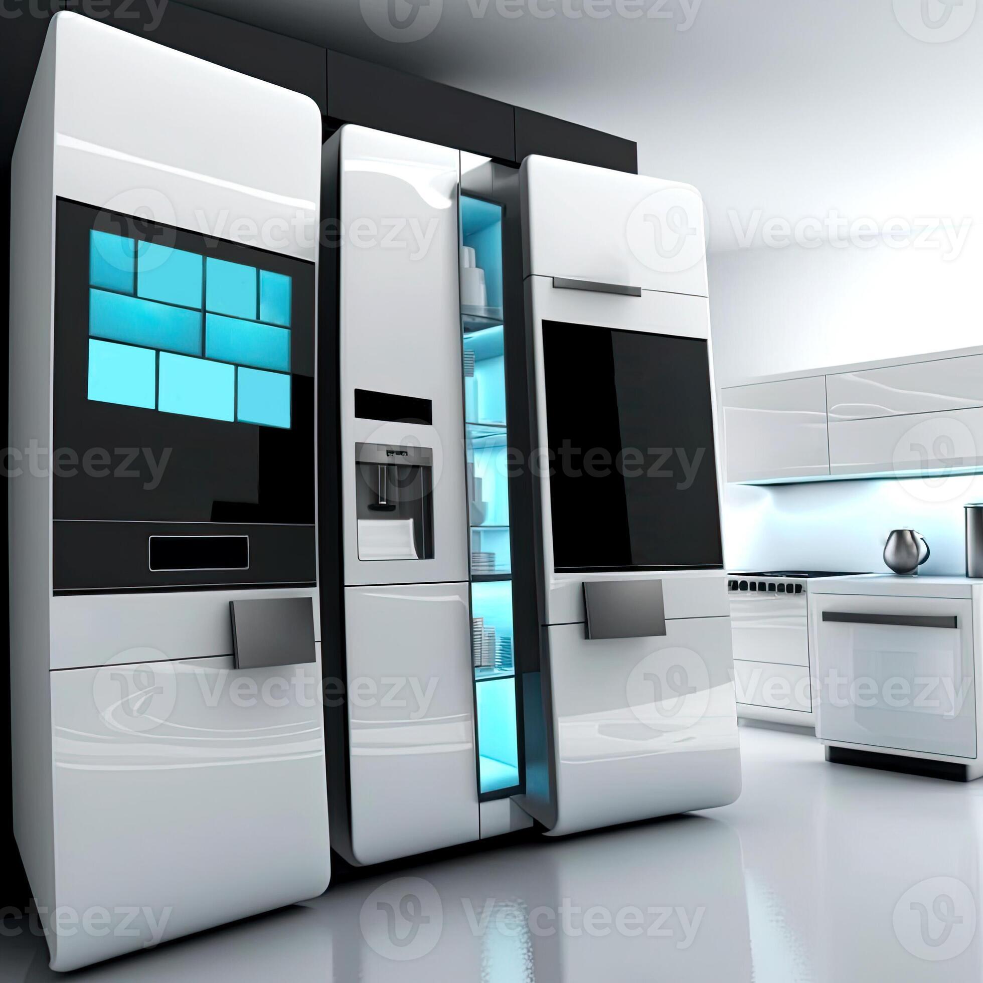 Kitchen with smart appliances with display screen and a smart oven with voicecontrolled