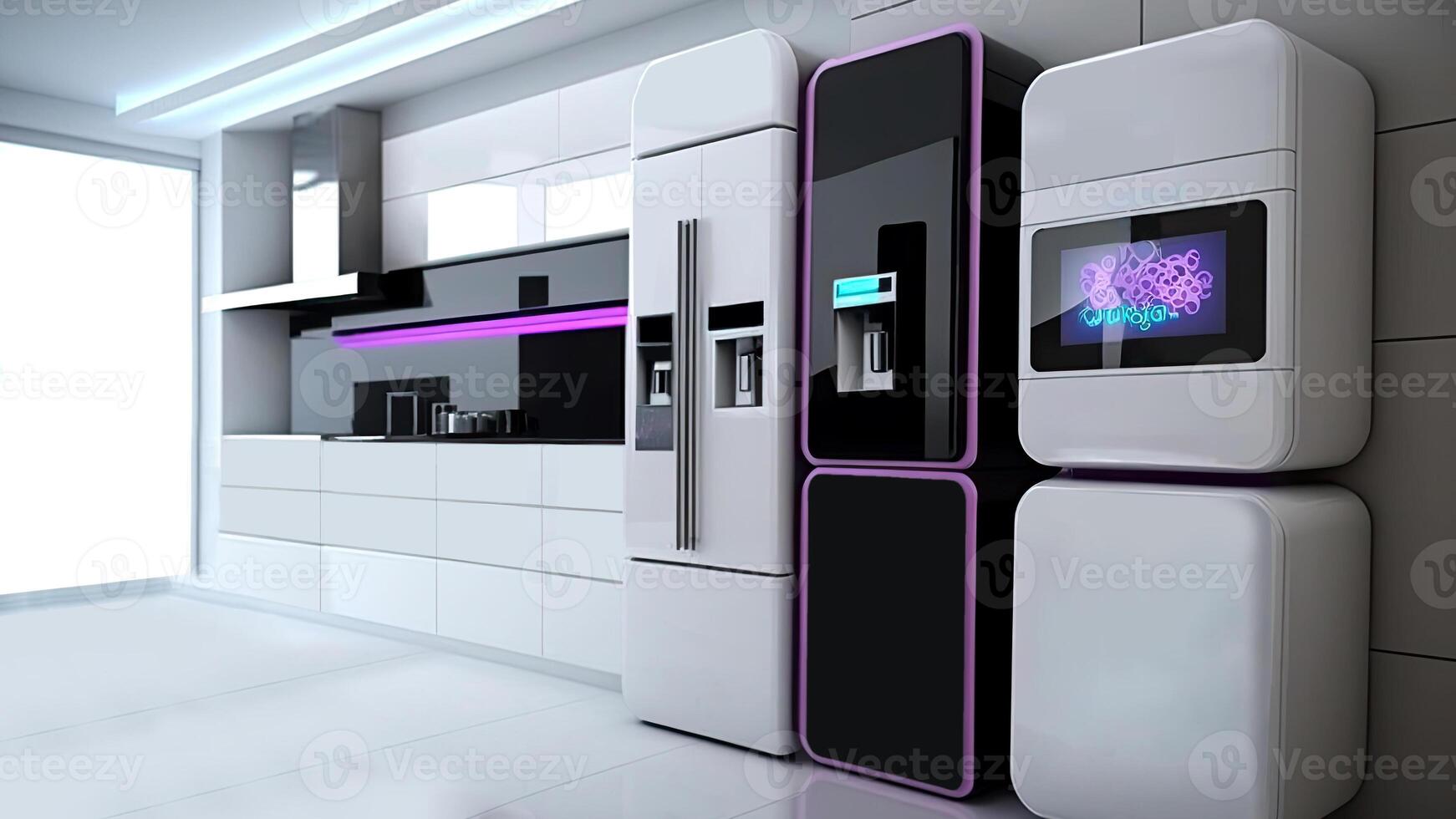 Kitchen with smart appliances with display screen and a smart oven with voice-controlled settings, concept of Smart Home and Artificial Intelligence, created with technology photo